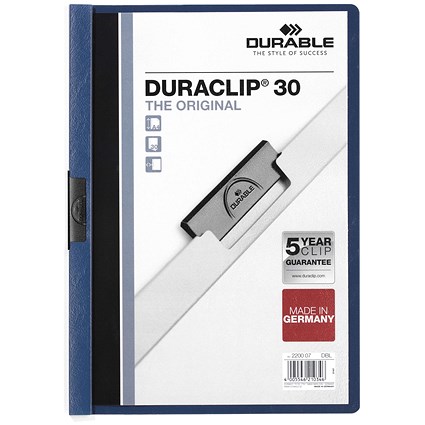 Durable A4 Duraclip Folders, 3mm Spine, Dark Blue, Pack of 5