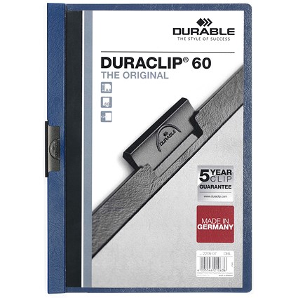 Durable A4 Duraclip Folders, 6mm Spine, Dark Blue, Pack of 5