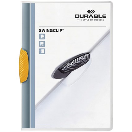 Durable A4 Swingclip Folders, 3mm Spine, Yellow, Pack of 25