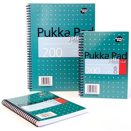 Pukka Pad Metallic Jotta Squared Wirebound Notepad, A5, 5mm Squared, 200 Pages, Green, Pack of 3