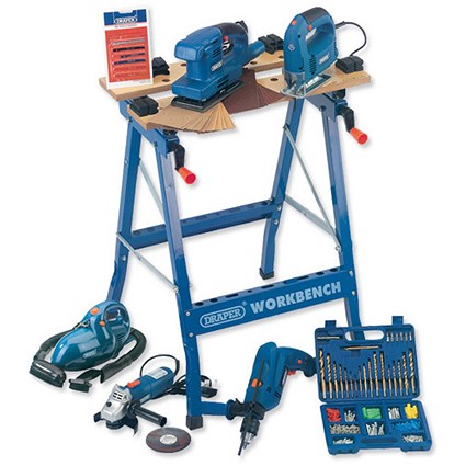 Draper Workbench Power Tool Kit with Folddown Workbench Jigsaw Hammer Drill Angle Grinder Ref 87949