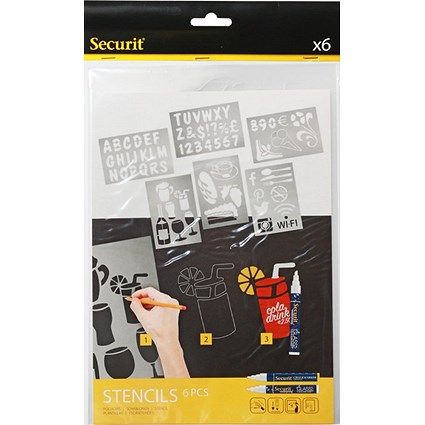 Securit Liquid Chalk Maker Stencil Set Plastic (Pack 6) -