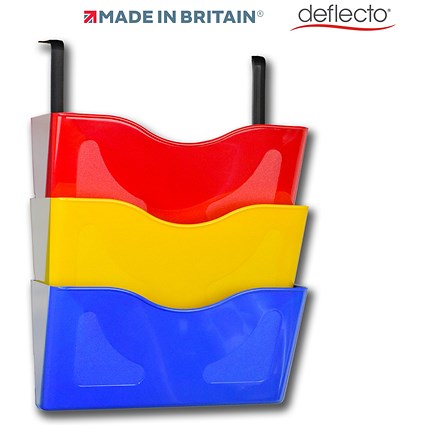 Deflecto 3 x A4 Landscape Wall Pocket Literature File with Hanging Bracket Red/Yellow/Blue -