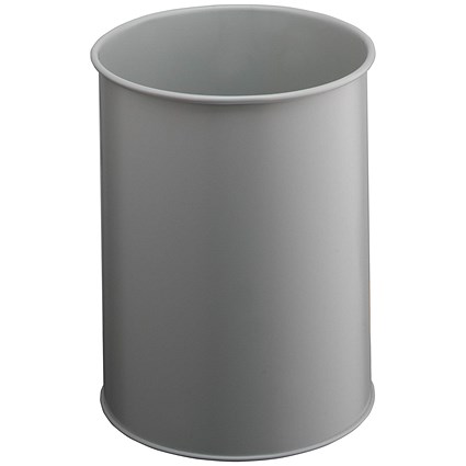 Durable Metal Round Waste Bin, Scratch Resistant Steel, 15 Litres, Grey