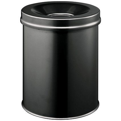 Durable Fire Extinguishing Metal Waste Bin, TUV Certified, 15L, Black