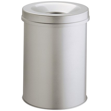 Durable Fire Extinguishing Metal Waste Bin, TUV Certified, 15L, Grey