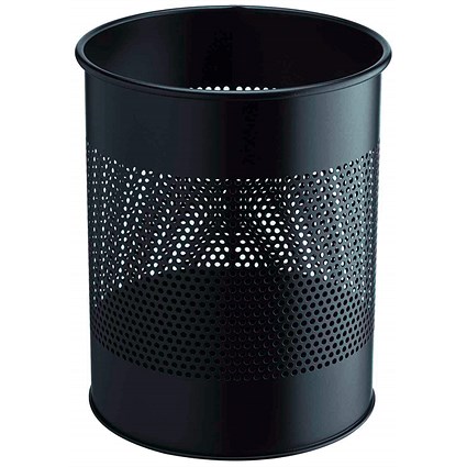 Durable Round Metal Perforated Waste Bin, Scratch Resistant Steel, 15 Litres, Black