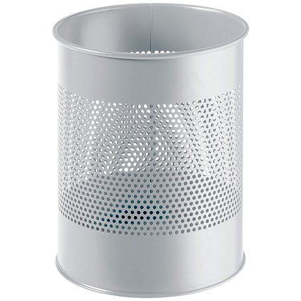 Durable Round Metal Perforated Waste Bin, Scratch Resistant Steel, 15 Litres, Grey