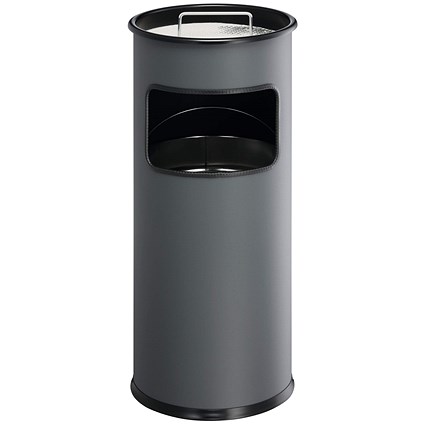 Durable Round Metal Waste Bin with Sand Ashtray, 17 Litre Bin/2 Litre Ashtray, Charcoal Grey