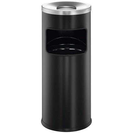 Durable Round Metal Waste Bin with Fire Extinguishing Ashtray, 17 Litre Bin/2 Litre Ashtray, Black