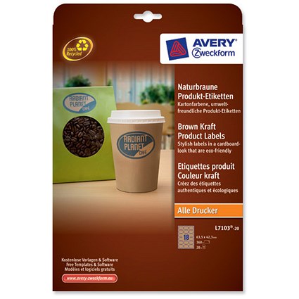 Avery Oval Product Labels / 18 per Sheet / 63.5x42mm / Brown Kraft / L7103-20.UK / 360 labels