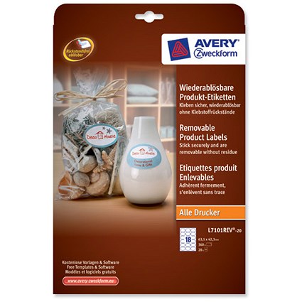 Avery Oval Removable Product Labels / 18 per Sheet / 63.5x42mm / White / L7101REV-20.UK / 360 labels