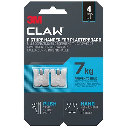 3M Claw Picture Hanger For Plasterboard, Holds Up To 7kg, Stainless Steel, Pack of 2