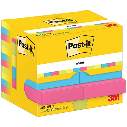 Post-it Notes Display Pack, 38 x 51mm, Energetic, Pack of 12 x 100 Notes