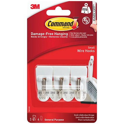 Command Small Wire Hooks With Command Adhesive Strips, White, Pack of 3