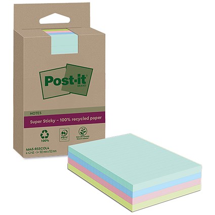 Post-it Super Sticky Recycled Lined Notes, 102x152mm, 45 Sheets Assorted, Pack of 4