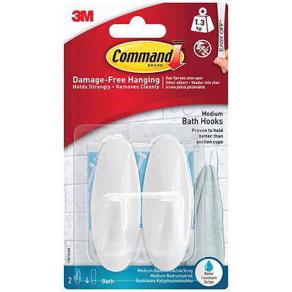 Command Medium Bath Oval Hooks With Command Adhesive Strips, White, Pack of 2