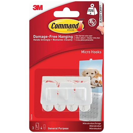 Command Mini Micro Hooks With Command Adhesive Strips, White, Pack of 3