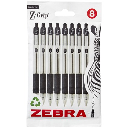 Zebra Z-Grip Retractable Ballpoint Pen 1mm Tip Black (Pack 8) -