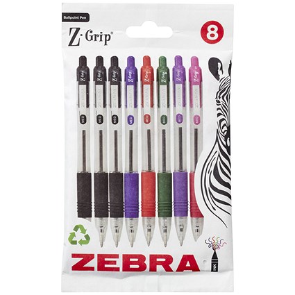 Zebra Z-Grip Retractable Ballpoint Pen 1mm Tip Assorted Ink (Pack 8) -