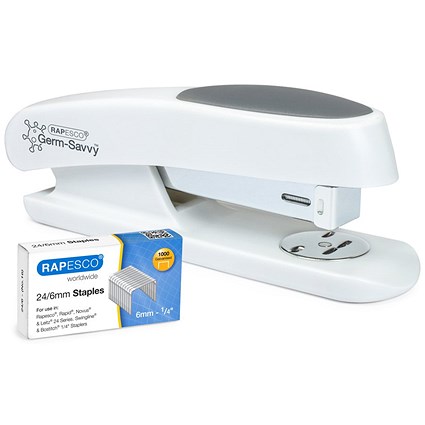 Rapesco Germ-Savvy Antibacterial ECO Sting Ray Half Strip Stapler Pack 1000 x 24/6 mm Staples Soft White - 1483 -