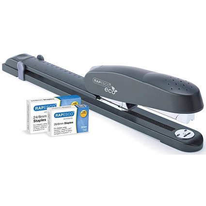 Rapesco ECO Heavy Duty Front Loading Long Arm Stapler + Pack 1000 26/6mm and Pack 1000 24/8mm Staples Charcoal - 1480 -