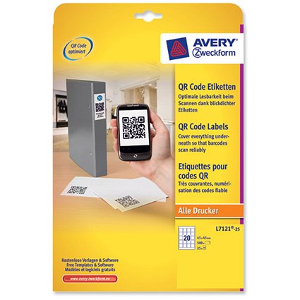 Avery Blockout QR Code Labels / 20 per Sheet / 45x45mm Square / White / L7121-25 / 500 labels