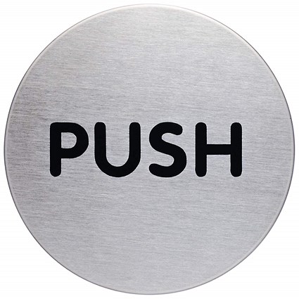 Durable Brushed Stainless Steel Adhesive Fire Door Push Sign Symbol, 65mm Diameter, Black on Silver