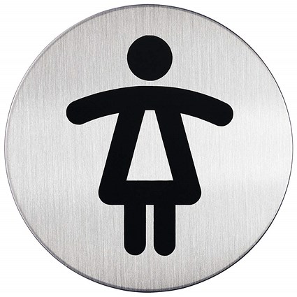 Durable Stainless Steel Adhesive Ladies WC Symbol Bathroom Toilet Sign, 83mm Diameter, Black on Silver