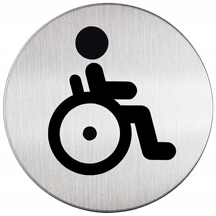 Durable Adhesive Stainless Steel Disabled WC Symbol Bathroom Toilet Sign, 83mm Diameter, Black on Silver