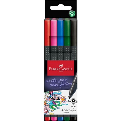 Faber-Castell Fibre-Tip Grip Fineliner Pen, 0.4mm Tip, 56% Recycled Plastic, Assorted, Pack of 5