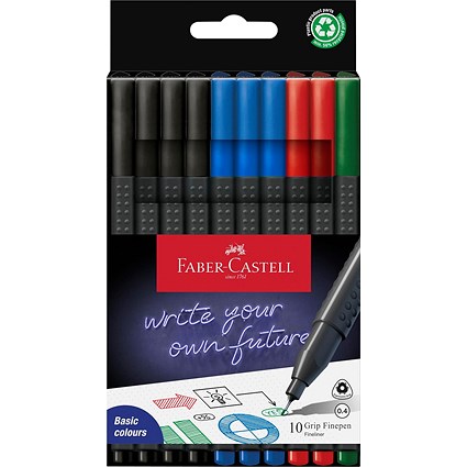 Faber-Castell Fibre-Tip Grip Fineliner Pen, 0.4mm Tip, 56% Recycled Plastic, Assorted, Pack of 10