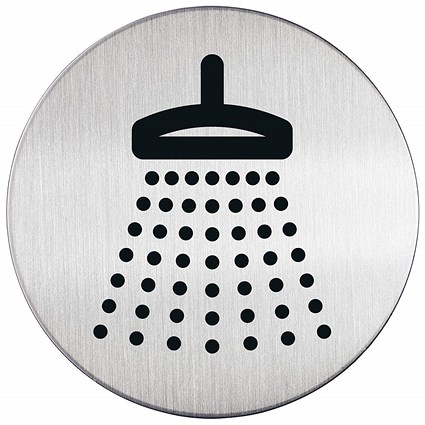 Durable Brushed Stainless Steel Adhesive Shower Sign Safety Symbol, 83mm Diameter, Black on Silver