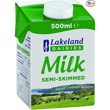 Lakeland UHT Semi Skimmed Milk, 500ml, Pack of 12