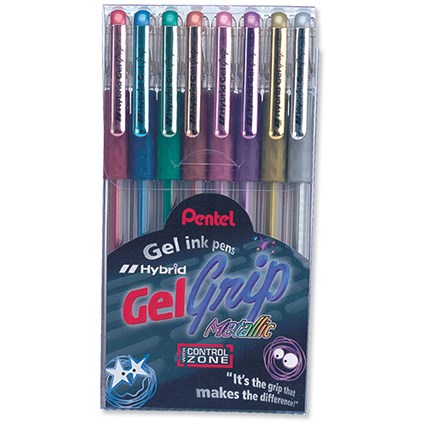 Pentel Hybrid Gel Grip Pens Metallic 0.8mm Tip 0.4mm Line Assorted [Wallet 8]