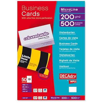 DECAdry MicroLine Business Cards - Perforated - Laser AND Inkjet - Bright White - 200gsm - Bright White - Pack of 500