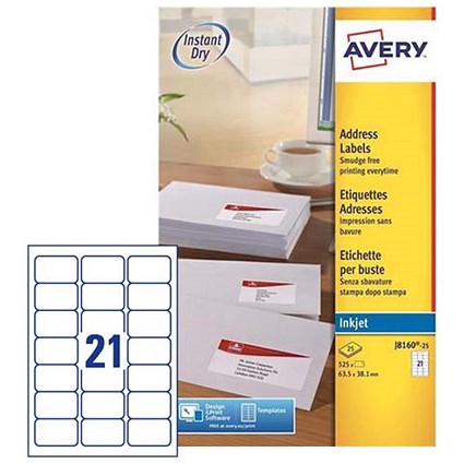 Avery Quick Dry Inkjet Addressing Labels, 21 Per Sheet, 63.5x38.1mm 