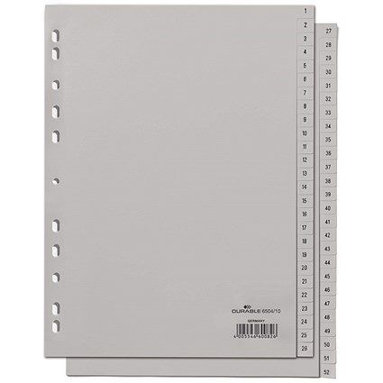 Durable 52 Part Numbered Tab Reinforced Punched Index Divider, 1-52 Grey Tabs, A4, Grey