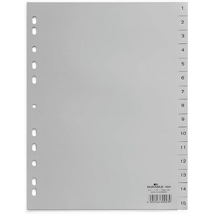 Durable 15 Part Numbered Tab Reinforced Punched Index Divider, 1-15 Grey Tabs, A4, Grey