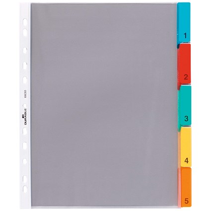 Durable 5 Part Replacable Tab Numbered Colour Coded Punched Index Divider, 1-5 Multicolour Tabs, A4