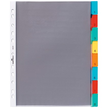 Durable 8 Part Numbered Colour Coded Punched Index Divider, 1-8 Multicolour Tabs, A4, Clear