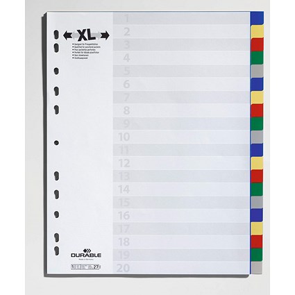 Durable 20 Part Coloured Tab Index Punched File Dividers, 20 Part Coloured Tabs, A4+, White