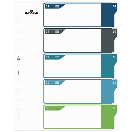 Durable Numbered Tab Punched Index Dividers + Cover, 1-5 Multicolour Tabs, A4+, White