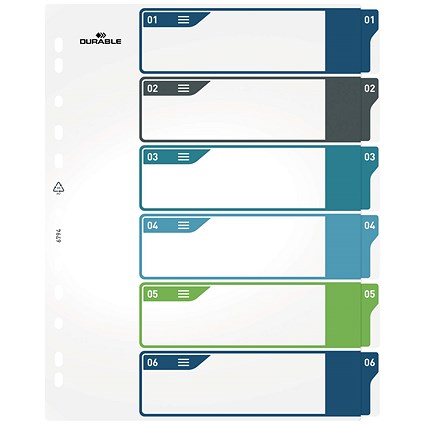 Durable Numbered Tab Punched Index Dividers + Cover, 1-6 Multicolour Tabs, A4+, White