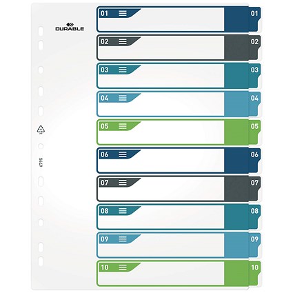 Durable Numbered Tab Punched Index Dividers + Cover, 1-10 Multicolour Tabs, A4+, White