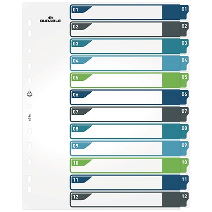 Durable Numbered Tab Punched Index Dividers + Cover, 1-12 Multicolour Tabs, A4+, White