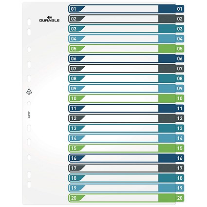Durable Numbered Tab Punched Index Dividers + Cover, 1-20 Coloured Tabs, A4+, White