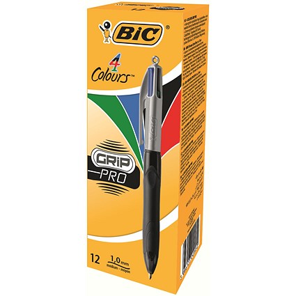 Bic 4 Colours Grip Pro Ballpoint Pen 1mm Tip 0.32mm Line Black/Silver Barrel Black/Blue/Green/Red Ink (Pack 12)