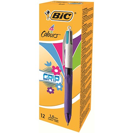 Bic 4 Colours Grip Fashion Ballpoint Pen 1mm Tip 0.32mm Line Purple Barrel Lime Green/Pink/Purple/Turquoise Ink (Pack 12)