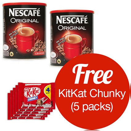 Nescafe Original Instant Coffee Granules Tin - 2 x 750g Tins - Offer includes 5 packs of 4 KitKat Chunky